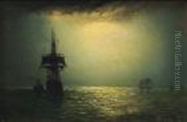 Shipping On Calm Seas By A Buoy Under A Moonlit Sky Oil Painting by William Adolphus Knell