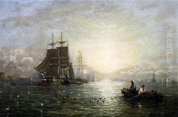 Shipping In Calm Waters At Dusk Oil Painting by William Adolphus Knell