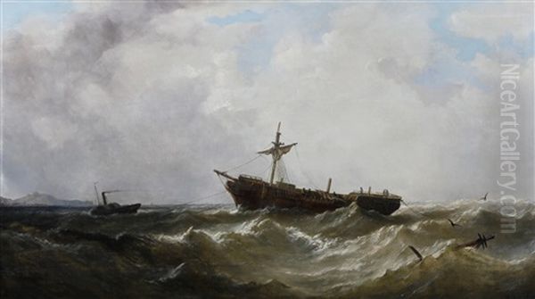 Dismasted Vessel Under Tow From A Paddle Tug by William Adolphus Knell