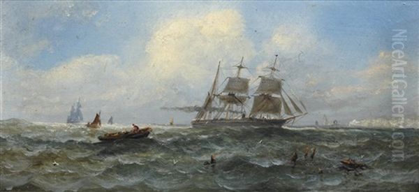 Hay Barge And Other Shipping (2 Works) Oil Painting by William Adolphus Knell