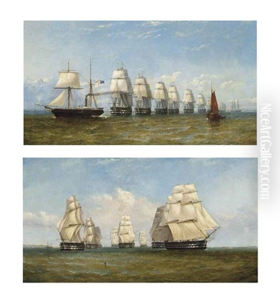 A Paddle Steamer Of The Royal Navy Escorting A French Squadron...(+ The Baltic Fleet, Under The Command Of Rear-admiral The Hon. Richard Saunders...; Pair) Oil Painting by William Adolphus Knell