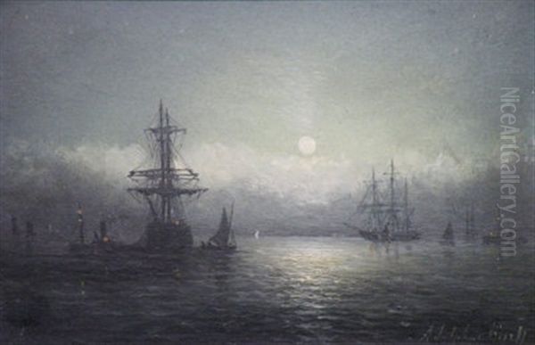 Moored Sailing Ships By Moonlight Oil Painting by William Adolphus Knell