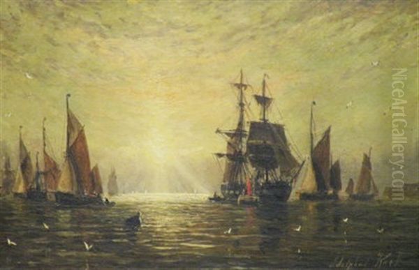 Numerous Sailing Vessels In A Calm At Dawn Oil Painting by William Adolphus Knell