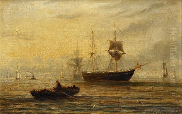 A Rowing Boat In A Busy Harbour Oil Painting by William Adolphus Knell