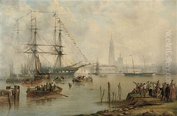 The British Royal Yacht "victoria & Albert Ii" Arriving At Antwerp With The Newly-wed Prussian Crown Prince And Princess Aboard Oil Painting by William Adolphus Knell