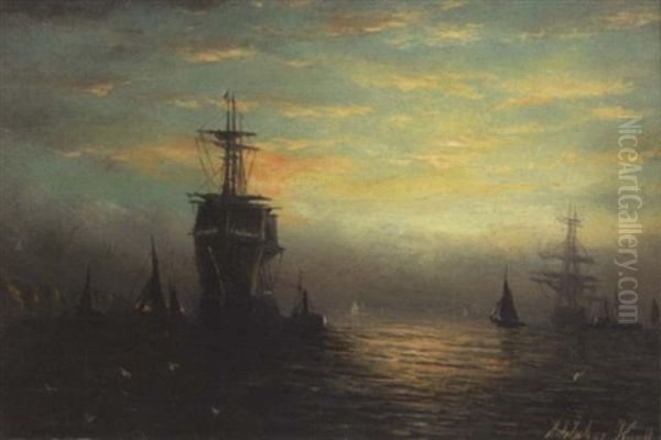 Shipping By Sunrise Oil Painting by William Adolphus Knell