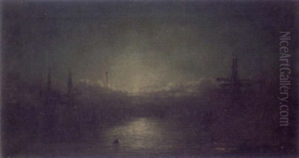 Moonlit Harbour Oil Painting by William Adolphus Knell