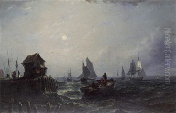 Merchant Sail Running Into Harbour At Dusk Oil Painting by William Adolphus Knell