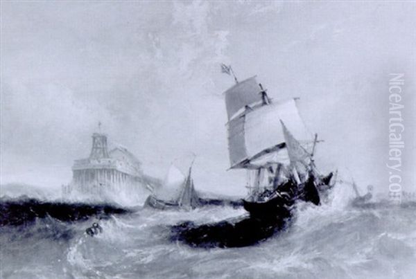 A Brig, A Dutch Fishing Boat And A Steam Ship, Off The Harbour Entrance Oil Painting by William Adolphus Knell