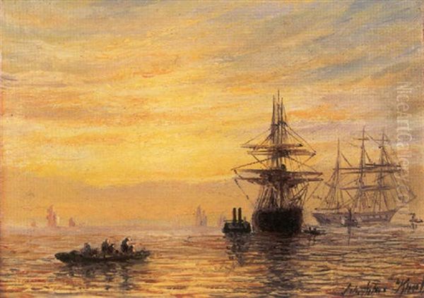 Shipping By Moonlight Oil Painting by William Adolphus Knell