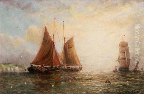 Fishing Boats Off A Coastline Oil Painting by William Adolphus Knell