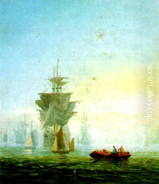 A Moonlight View Of A Sailing Galleon At Anchor Oil Painting by William Adolphus Knell