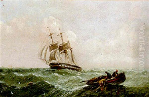 A Brig And A Fishing Boat In Heavy Seas by William Adolphus Knell