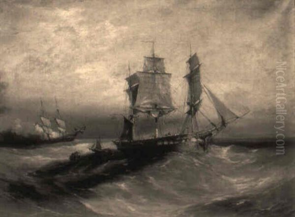 A British Frigate At Anchor With Rescue Boats Off Towards Ship In Distress Oil Painting by William Adolphus Knell