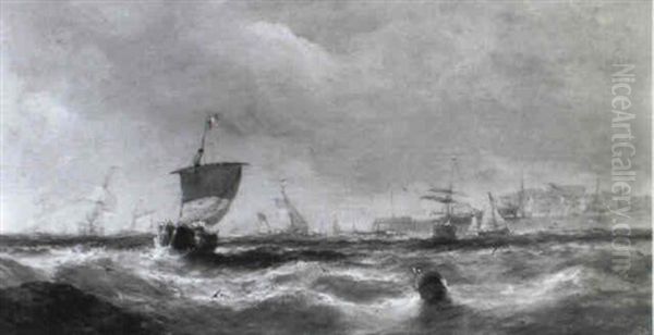 Lug Sail Fishing Boats Off Lowestoft Oil Painting by William Adolphus Knell