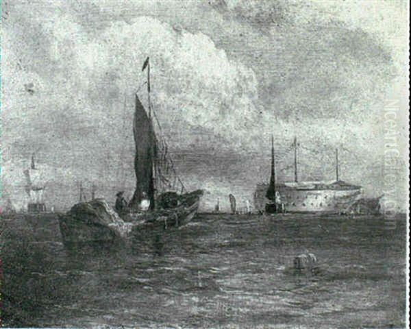 A Sailing Barge Approaching Hulks Moored In The Medway Oil Painting by William Adolphus Knell