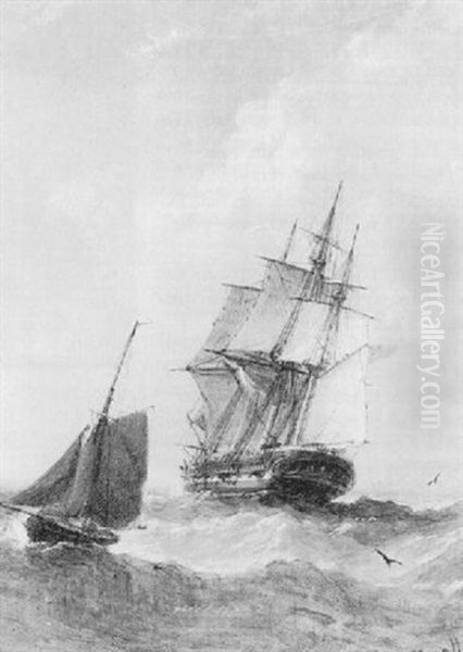 A Man-o'-war And A Fishing Boat Off A Coastline Oil Painting by William Adolphus Knell