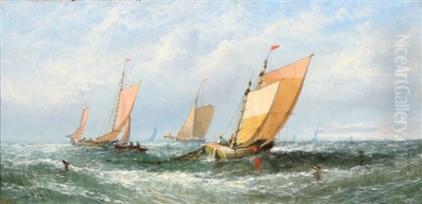 Fisher Boats On Choppy Water Oil Painting by William Callcott Knell