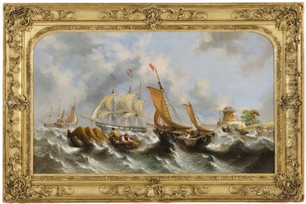 Active Coastal Fishing Scene In Rough Seas Oil Painting by William Callcott Knell