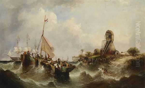 A Coastal Scene With Figures Fishing In The Foreground And A Frigate Beyond Oil Painting by William Callcott Knell