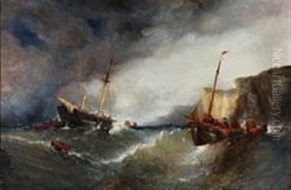 Life Boats By A Grounded Ship At High Seas Oil Painting by William Callcott Knell