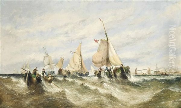 Fishing Boats At The Mouth Of A Harbour With Fishermen Dragging In Their Nets Oil Painting by William Callcott Knell