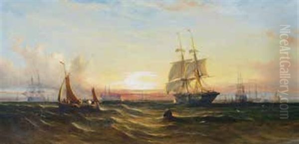 Sunset - A Line Of Battleships At Anchor Of Portsmouth; Evening - A Schooner Brig Running Before The Wind In The Downs (pair) Oil Painting by William Callcott Knell