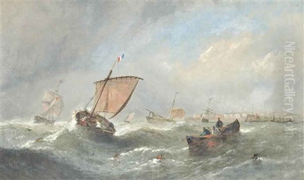 Lug Sail Fishing Boat Running Into Port; Fishing Boats In The Channel (illustrated) (2 Works) Oil Painting by William Callcott Knell