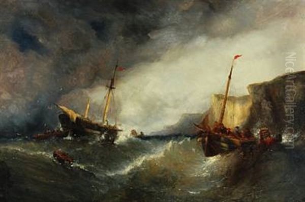 Life Boats By A Grounded Ship At High Seas Oil Painting by William Callcott Knell