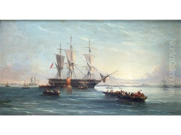 A Three-masted Barque With Other Vessels At Sunset by William Callcott Knell