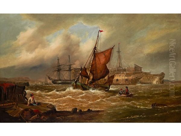 Prison Hulks Moored In The Solent With Fishing Craft Approaching To Land Their Catch Oil Painting by William Callcott Knell