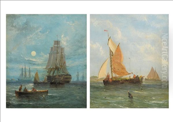 Fishing Vessels (+ Figures In A Row Boat Amongst Galleons; Pair) Oil Painting by William Callcott Knell