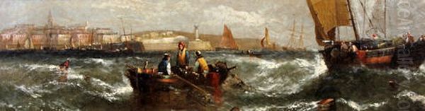 Fishermen In Their Boats In A Rough Sea Before A Harbor Oil Painting by William Callcott Knell