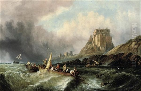 Fishermen Hauling In Their Catch In A Heavy Swell Below Lindisfarne Castle, Holy Island Oil Painting by William Callcott Knell