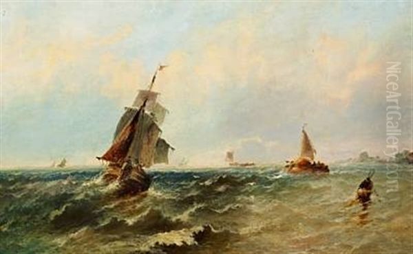 Seascape With Fishing Boats In Stormy Weather Off The Coast Oil Painting by William Callcott Knell