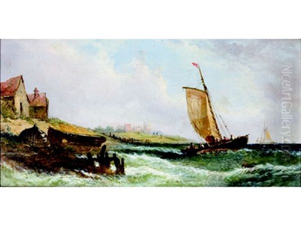 Sailboats Off The Coast Oil Painting by William Callcott Knell