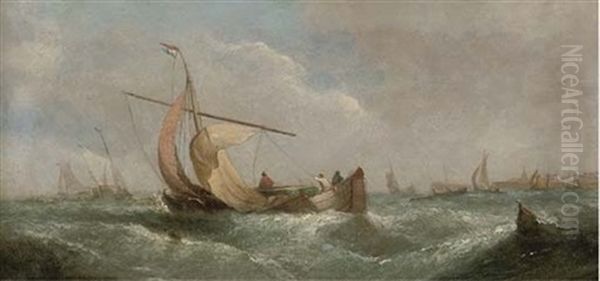 Dutch Barges Drying Their Sails At Dusk (+ A Blustery Day Offshore; Pair) Oil Painting by William Callcott Knell