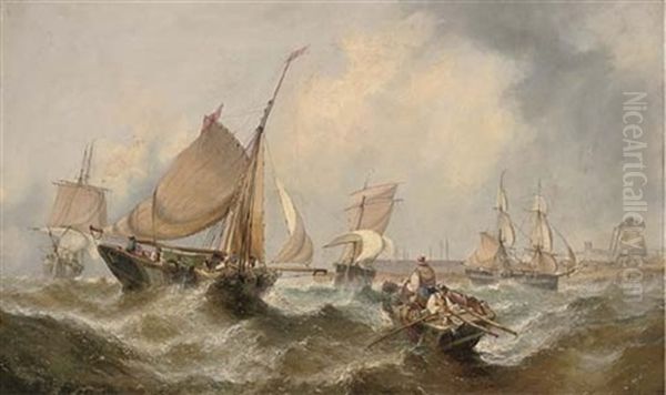 Congestion At The Harbour Mouth At The Top Of The Tide (+ Barges And Traders In A Heavy Swell Off The Dutch Coast; Pair) Oil Painting by William Callcott Knell