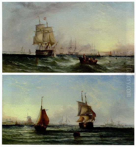 Fishing Boats Off A Dutch Coast (+ The Fleet At Anchor Off A Harbor; 2 Works) Oil Painting by William Callcott Knell