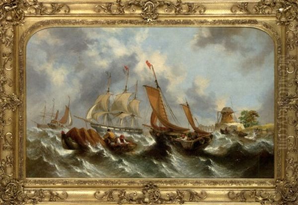 Fishing Boats Off A Coast On Choppy Waters Oil Painting by William Callcott Knell