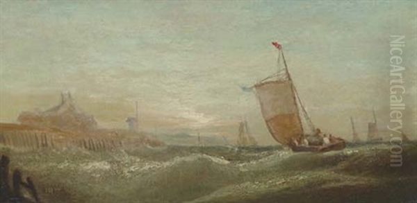 Evening, Fishing Boats Off A Coast Oil Painting by William Callcott Knell