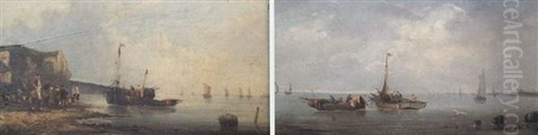 Fishing Boats In A Calm Sea Off A Harbour Oil Painting by William Callcott Knell