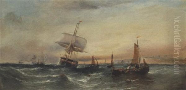 Shipping Off A Coastline Oil Painting by William Callcott Knell