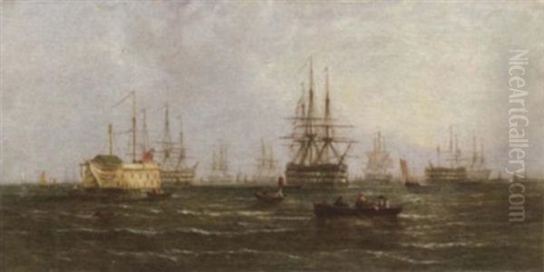 The Fleet Anchorage At The Nore With The Flagship Signalling Other Ships Oil Painting by William Callcott Knell