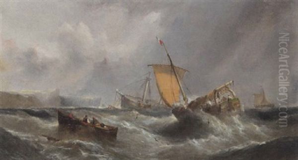 Lug Sail Fishing Boat Making For A Wreck Oil Painting by William Callcott Knell