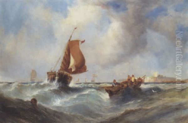 Fishing Boats In Close Quarters Off The Coast Oil Painting by William Callcott Knell