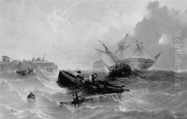 The Rescue: A Two-master Heeling Over Off A Headland, Fishing Vessels Picking Up Survivors Oil Painting by William Callcott Knell