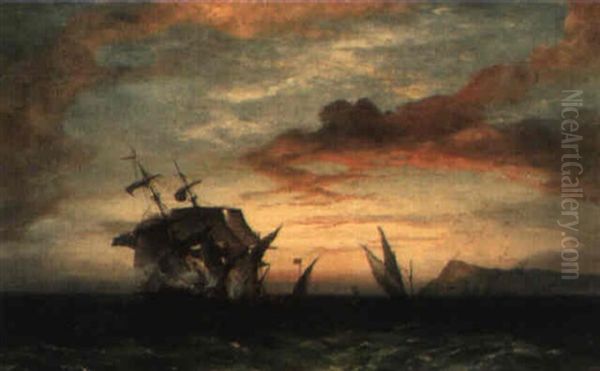 A Twilight Scene With A Pirate Attacking A Brig Oil Painting by William Callcott Knell