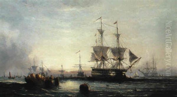 Evening In The Downs - Men Of War At Anchor Oil Painting by William Callcott Knell