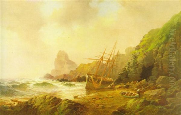 French Ship Stranded Near The Rocky Valley, Boscastle, Northcornwall Oil Painting by William Callcott Knell